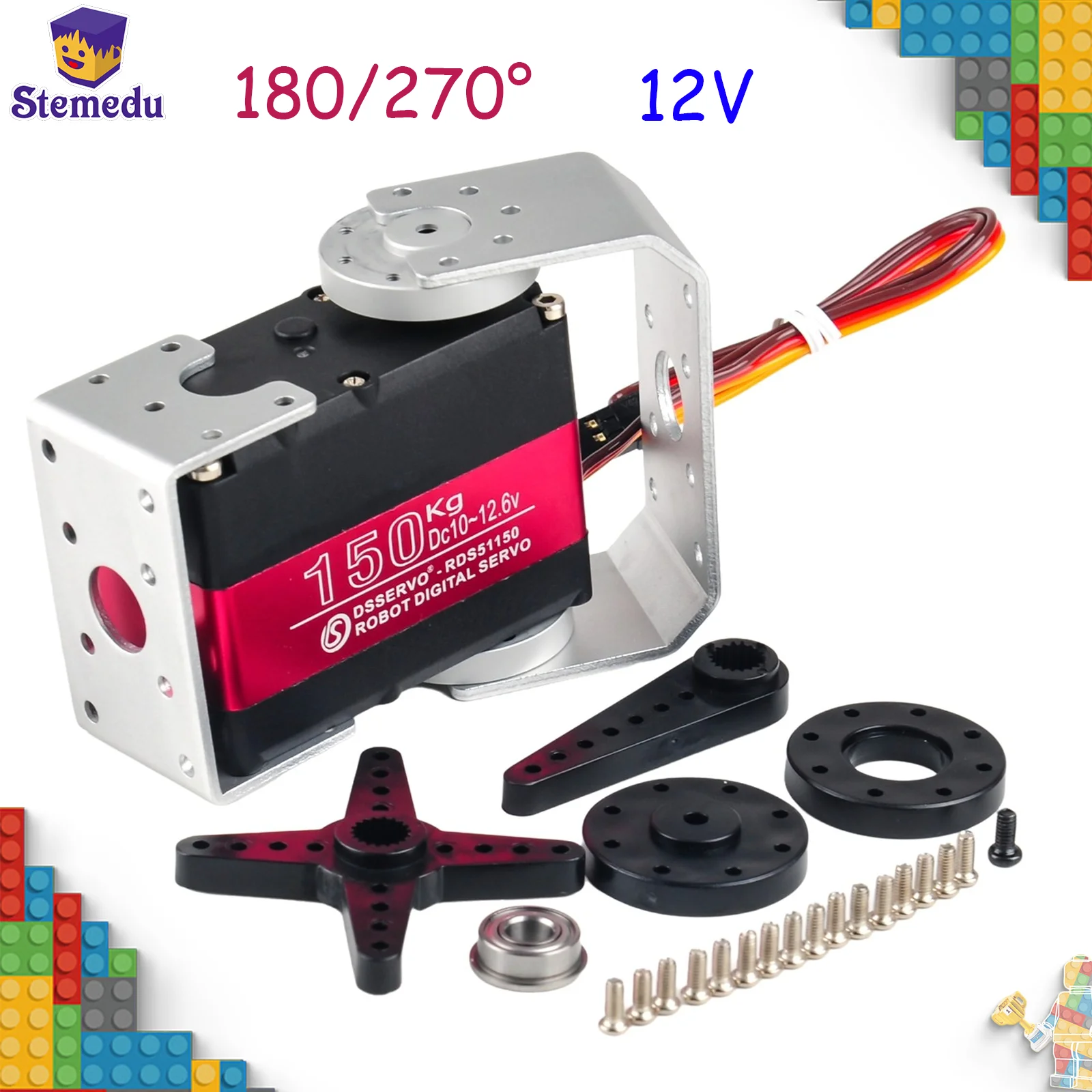 Serwo cyfrowe RDS51150 z metalowymi przekładniami, serwo robotyczne 150KG, silnik serwo 12V, 180/270 stopni, IP66, podwójny wał, uchwyt montażowy typu U do samochodów RC