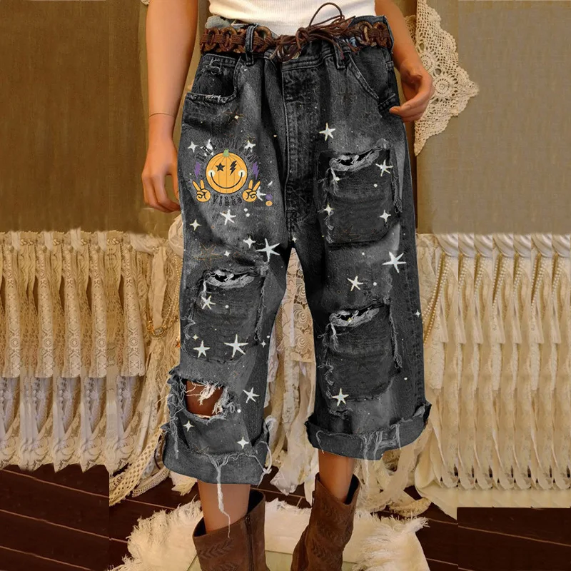 Women's Jeans 2024 Spring And Autumn New Broken Design Printed Wide Leg Casual Large Size Nine-Minute Pants