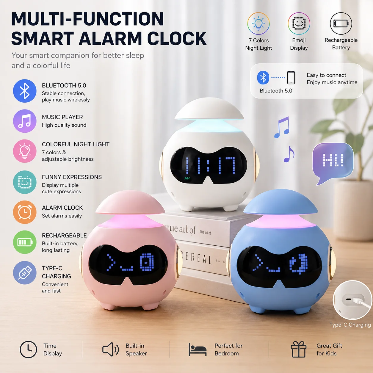 Multifunction Digital Alarm Clock With Bluetooth Speaker Colorful Night Light Expression Display Rechargeable Clock Kid Gift