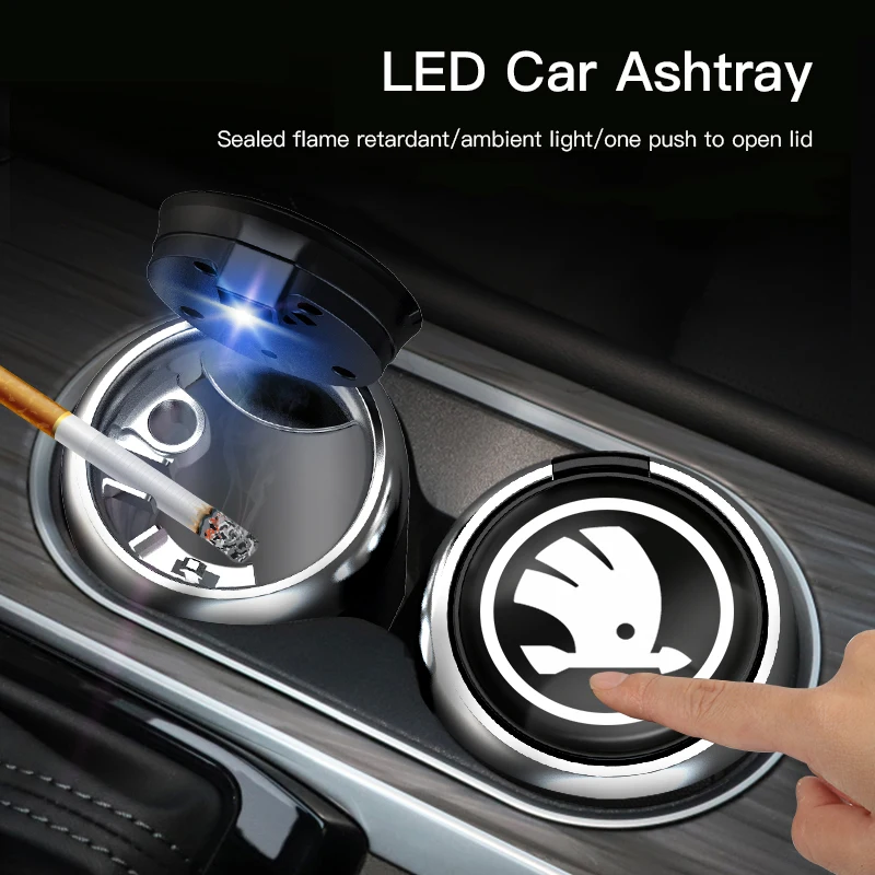 Car ashtray with LED light one touch open lid cigar cup suitable for Skoda Fabia Superb Octavia Rapid Mk3 A4 A6 A7 2 3 A5 Kamiq