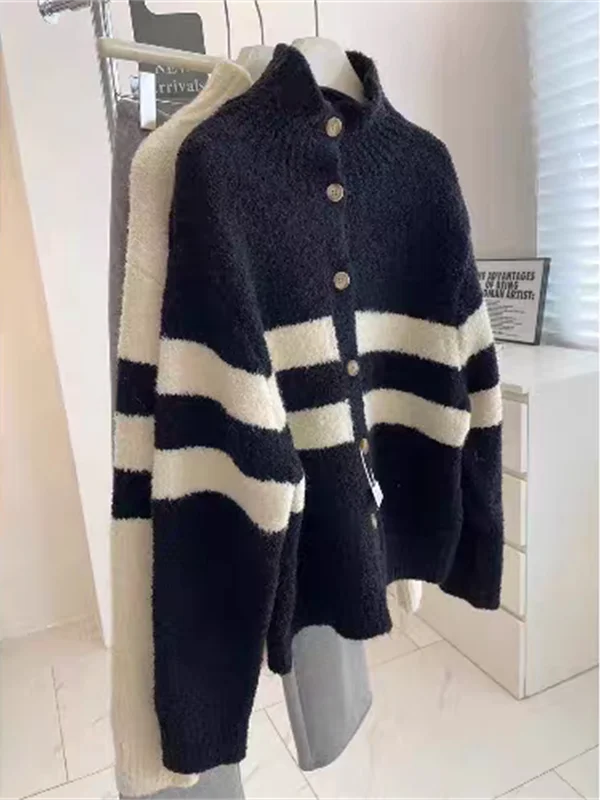 

Свободный полосатый шерстяной вязаный свитер с высоким воротником для женщин, брендовая бирка KUN Casual Vintage Sle Thiened, зимняя внутренняя одежда