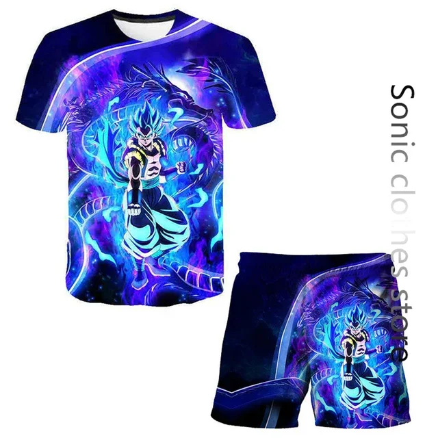 Conjunto de camiseta de Anime Dragon Ball Z para niños, hombres y mujeres, camisetas, pantalones cortos, conjunto de dos piezas para verano, camiseta para niños + pantalones cortos de Goku, pantalones de playa