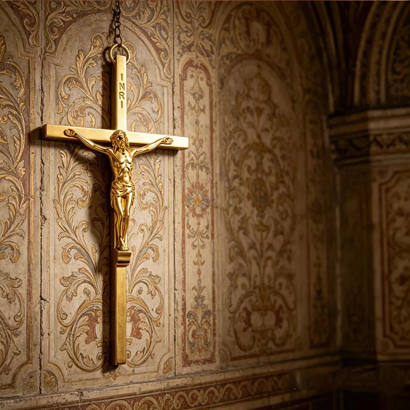 Neuer vergoldeter Jesus-Kruzifix-Kreuzanhänger 15 cm mit INRI-Gravur für Wanddekoration in Kirche, Zuhause, Altar, Gebet, christliche Dekoration – Detail 3