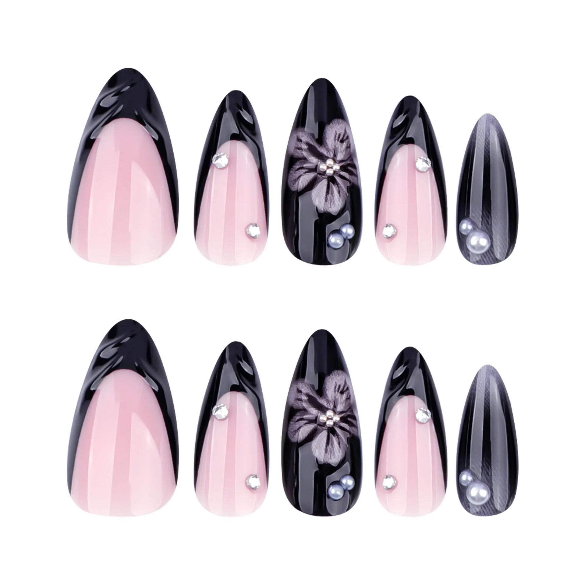 24pcs Ins Dark Purple Flower Design Press on Nails Spice Girls Black French False Nail Tips Wearable Sweet Korean Fake Nails