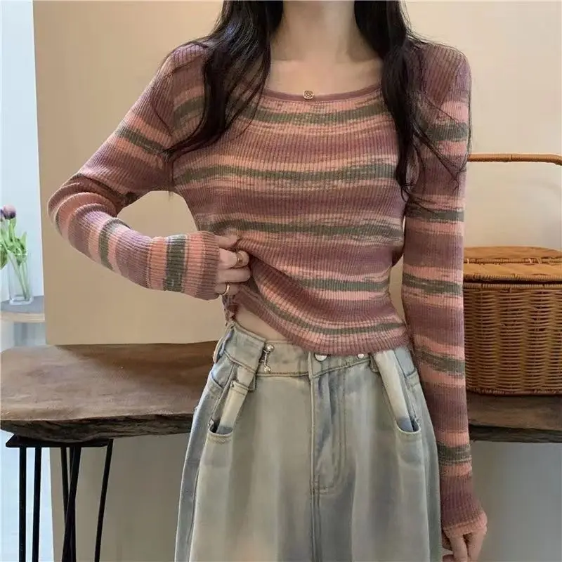 Women\'s Striped Sweater Autumn New O-Neck Long Sleeve Short Slim Knitted Pullover Sweaters Korean Style Vintage Knitting Tops