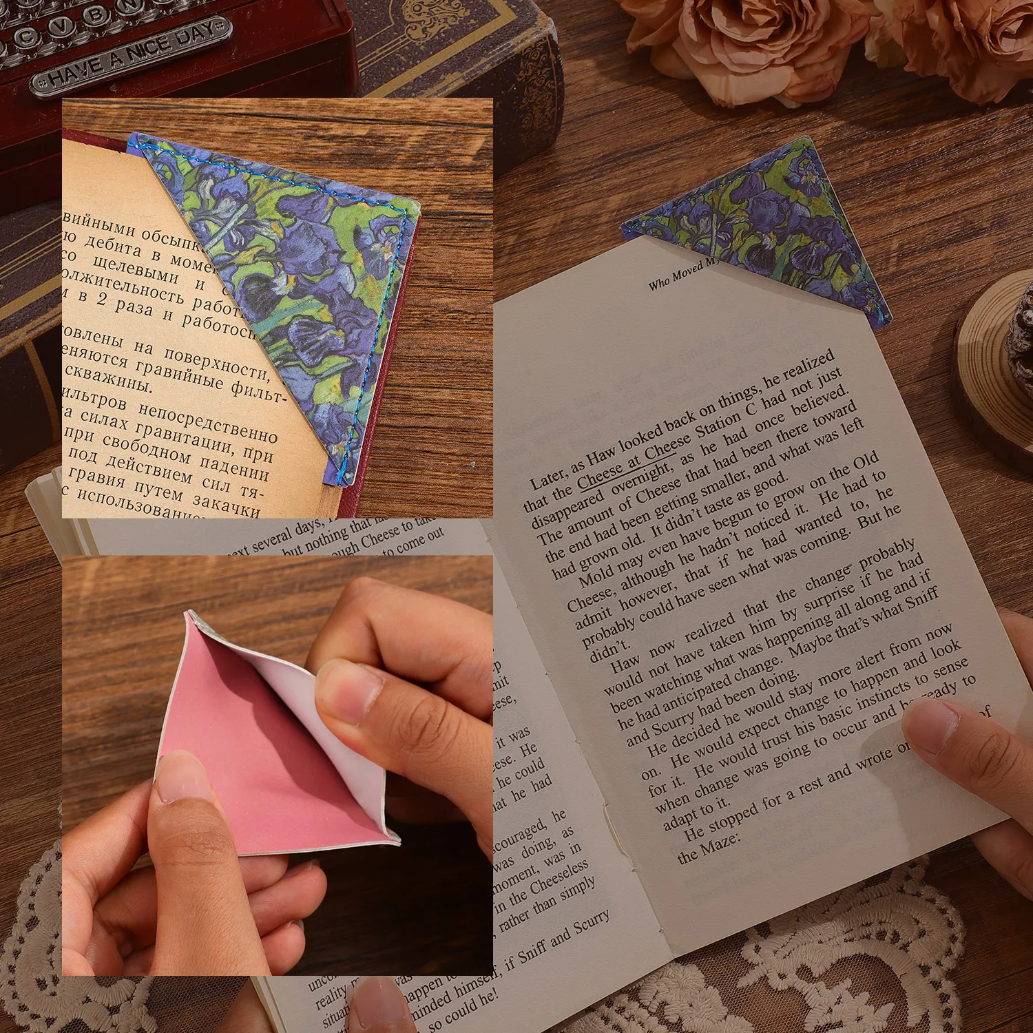 4Pcs Flower Art Leather Corner Bookmarks, Vintage Oil Painting Page Markers for Book Lovers - view 4