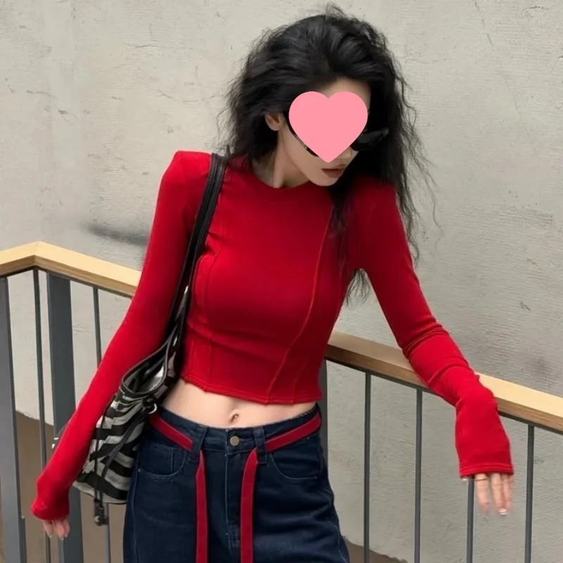 

Elegant Red Base Shirt for Women, Autumn Hot Girl Tight-Fitting Short Jazz Dance Top, Long Sleeve Shirt