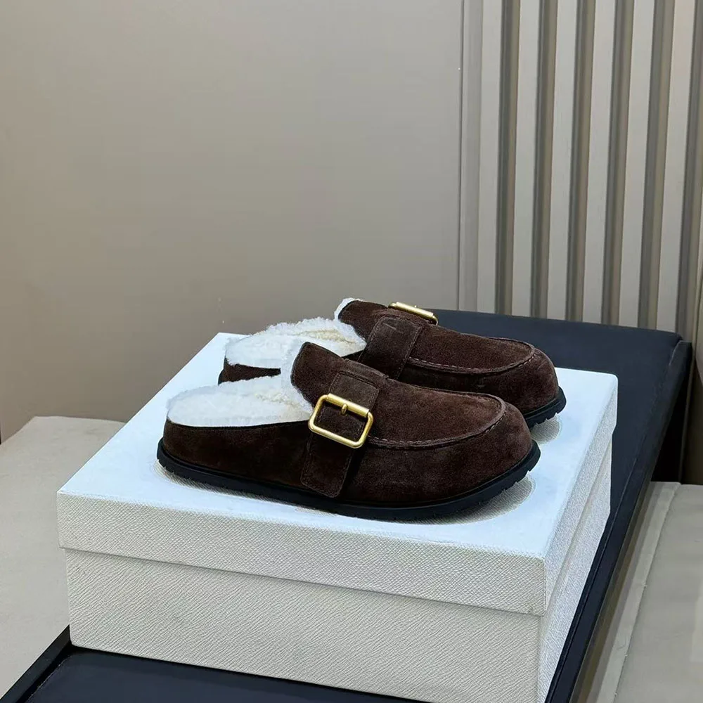 2026 Top Quality Women Winter Furry Mules Slippers Suede Leather Buckle Flat Shoes Warm Plush Lined Slip On Loafers Casual