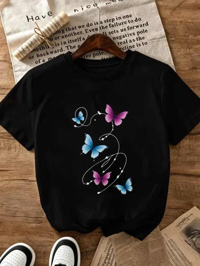 Vintage Graphic Tshirt for Women Gradient Butterfly Line Illustration T-Shirt Dark Academia Streetwear Top Grunge Clothes
