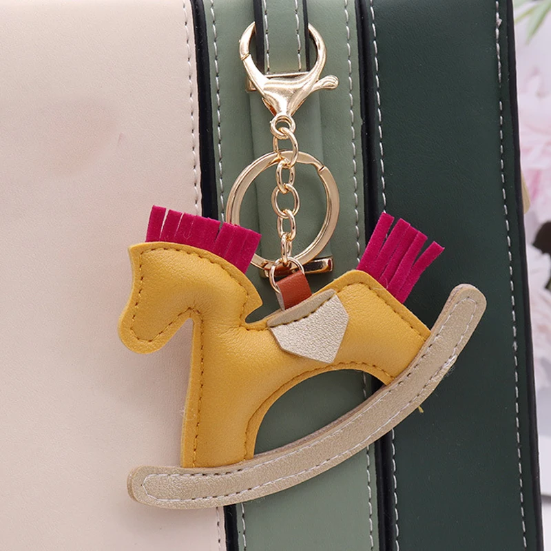 Trendy PU Leather Rocking Horse Keychain Cartoon Pony Animal Pendant Key Ring Charm Women Bag Decoration Accessories