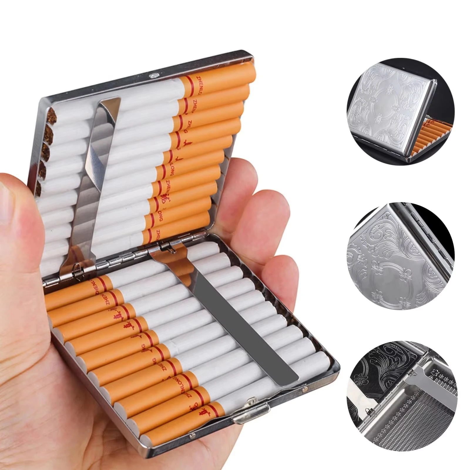 Portable Stainless Steel Metal Cigarette Case Patterned Decorative Cigarette Case Stylish Cigarette Storage Box 20 Cigarettes image 2
