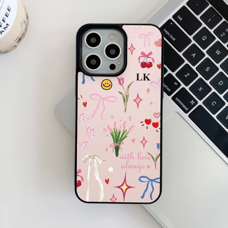 Custom Name Initials Blossom Flowers Leather PU Case for iPhone 15 14 13 11 12 16 17 Pro Max 14 15 16 Plus Air Case Luxury Cover