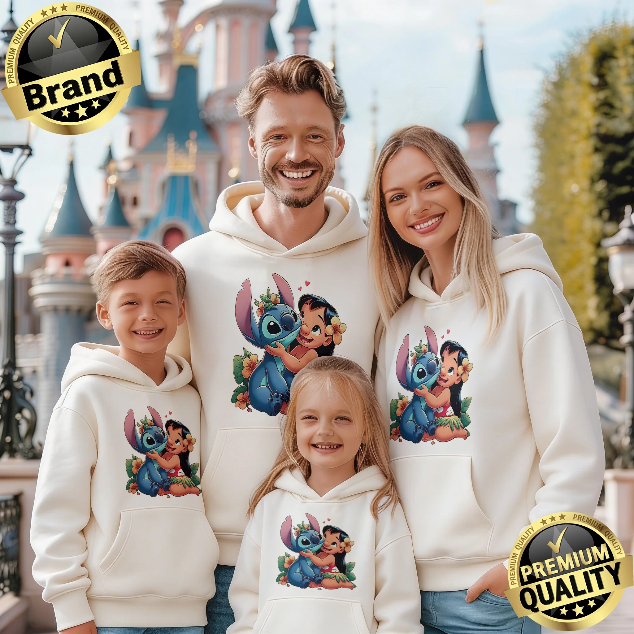 

Комплект из хлопковых худи для родителей и детей с принтом Дисней (Стич и Лило), коллекция Осень/Зима 2026, унисекс, цельный, теплый