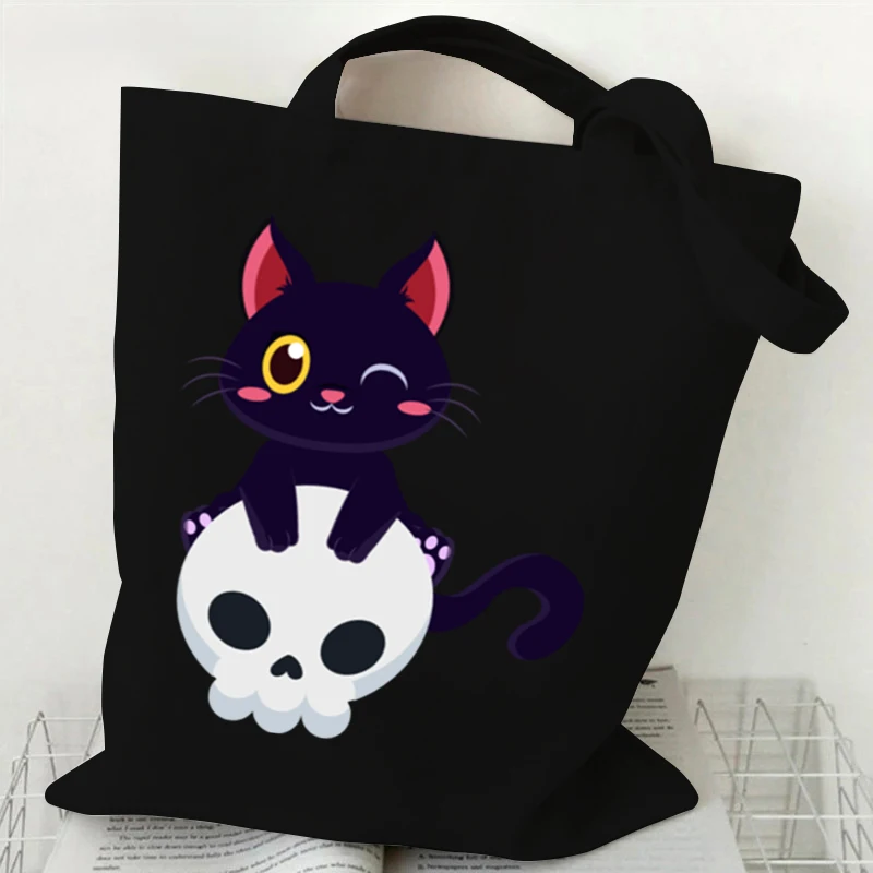 Gothic Skull Cat Pattern Tote Bag Women Spooky Season Shopping Bag Halloween Animal Kitten Canvas Shoulder Bag Unisex Handbags