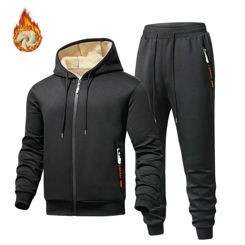 Winter Lambwool Tracksuit Men Thickened Warm Casual Men's Fleece Hooded Cardigan Pants Two-piece Sets Sports Suit Man Sportwear