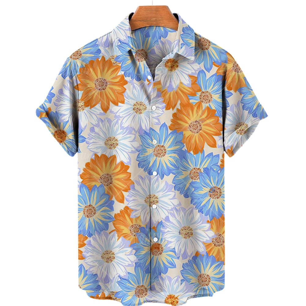 

2023 Hawaiian Men's Shirt, 3D Chrysanthemum Print Short Sleeve, Fashion Casual Top, 5XL, Polo Collar Village Shirt