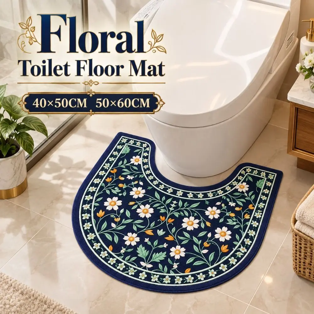 Practical Floral Pattern Toilet U-shaped Mat Absorbent Non-slip Bathroom Floor Rug Quick-dry Washable Bath Mat Household