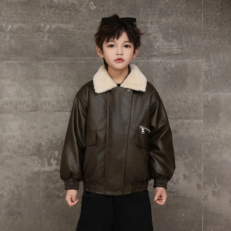 

Boys Windbreaker Jacket Winter Autumn Fashion Leather Fur Coat Children Clothing Outdoor Casual Kids Zipper Tops 2025 New
