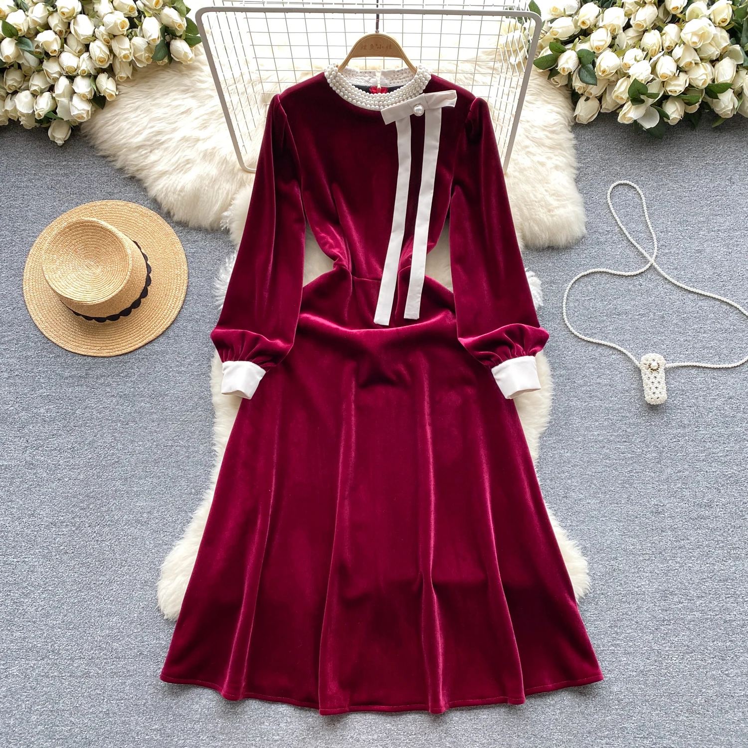 Chic Stand Collar Puff Sleeve Elegant Beading Evening Party High Street Women Vintage Korean Fashion Women Autumn Slim Dress