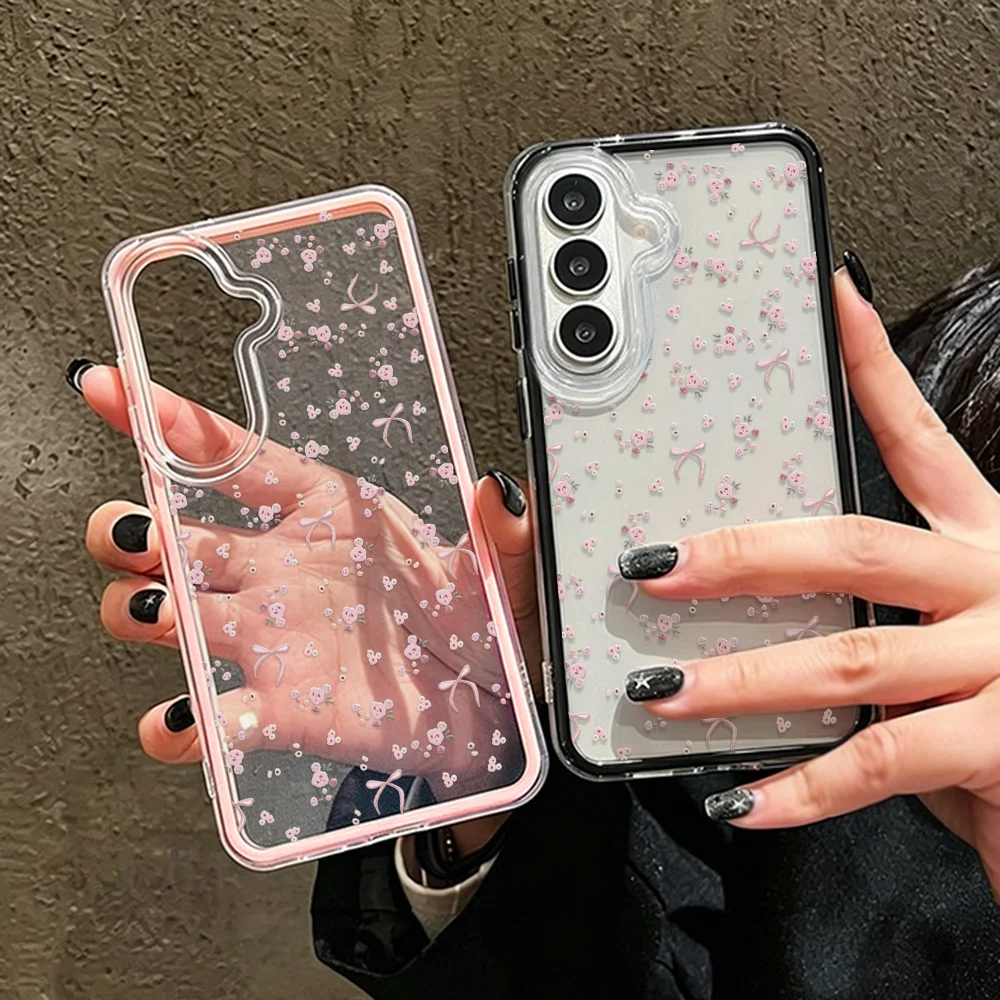 Cute Pink Bow Phone Case For Samsung S26 S25 S24 S23 S22Ultra A57 A56 A37 A17 A26 A07 Transparent 2 IN 1 Shockproof Soft Cover