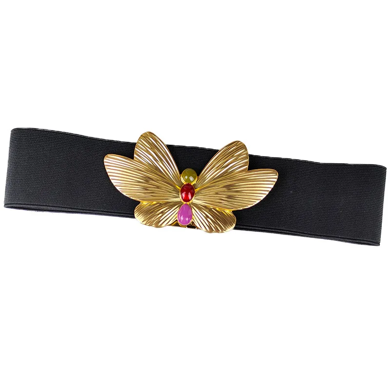 Moda Feminina Wide Elastic Cintura Ouro Bow Tie Buckle Belt para Mulheres Cintura Banda Sweater Casaco Vestuário Cummer Acessórios