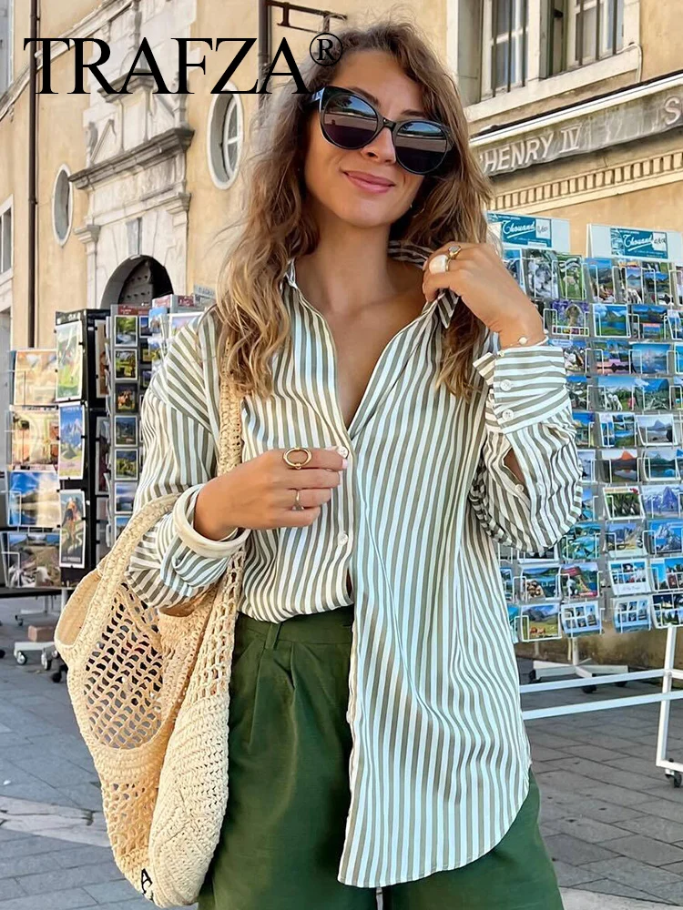 TRAFZA Women Fashion Striped Shirt Turn Down Collar Long Sleeves Single Breasted Blouses Female Elegant Woman Casual Shirts Top