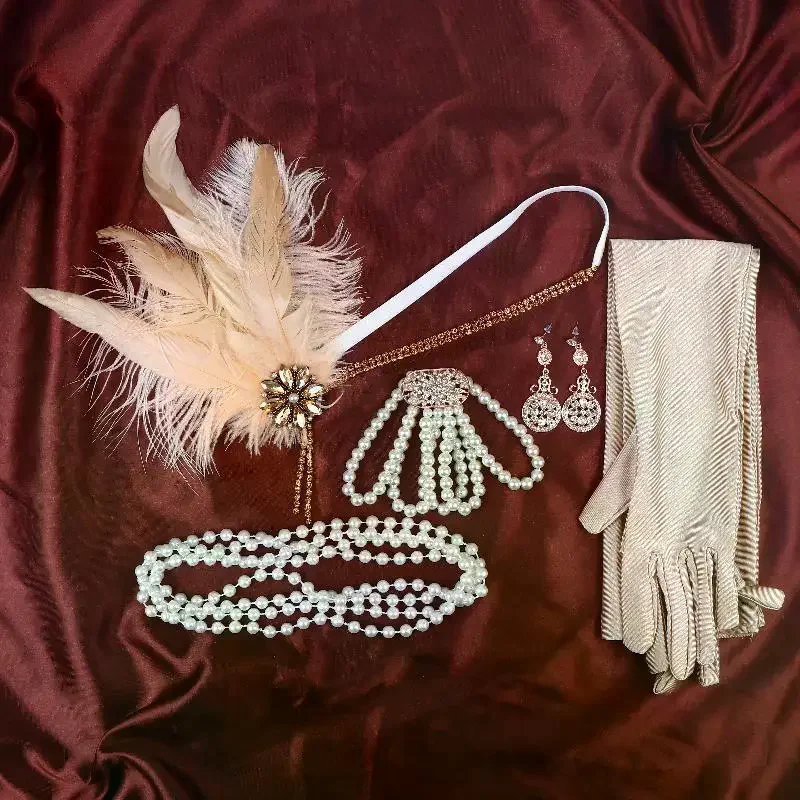 1920s Party Pearls HairBand Jewelry Kit Vintage Headpiece Earrings Necklace Bracelet Gloves For Women Banquet Gift