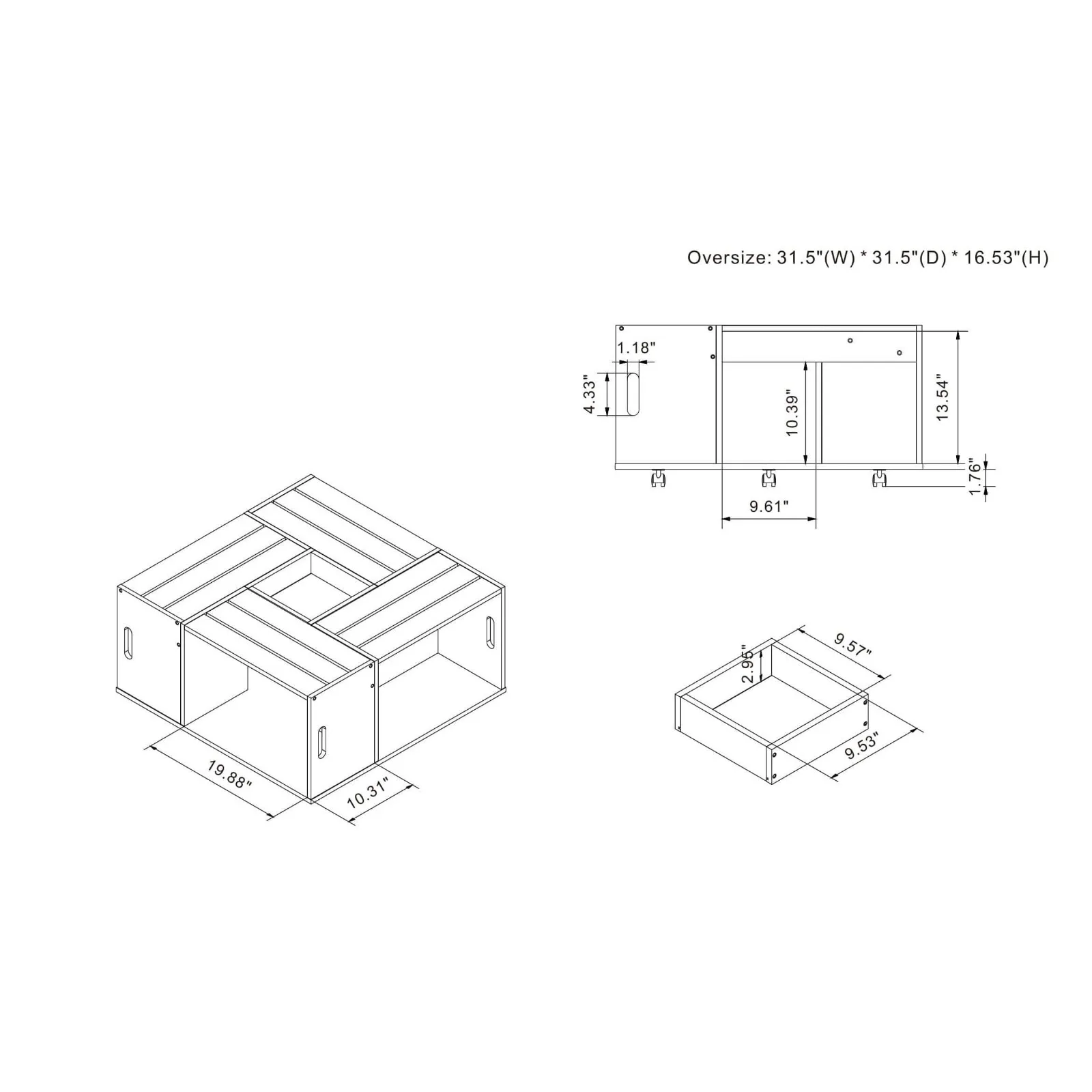 Us 31.5 polegadas retangular carvalho quadrado madeira mesa de café com armazenamento