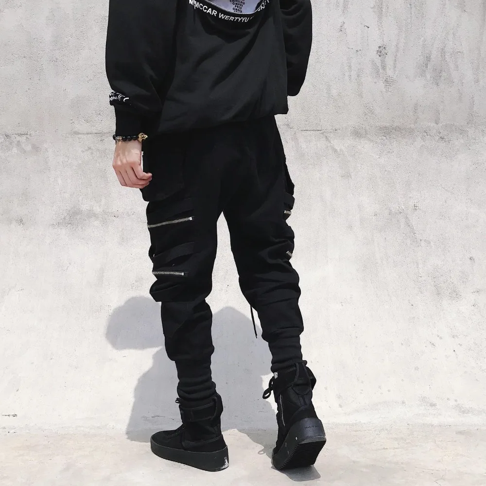 Dark Back Pants Work Men's Zipper Decoration Ribbon Drawstring Narrow Leg Street Hip-hop Streetwear Casual Pants