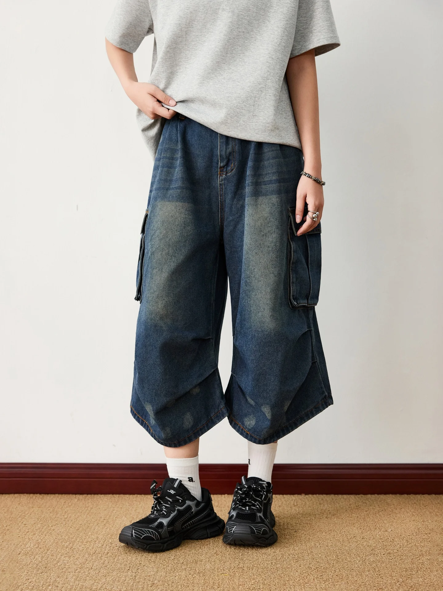 

American Style Pleated Workwear Seven-Foot Men's Retro Hole Large Pocket Wide Leg Straight Cut Shorts Over-Knee Mid-Pants