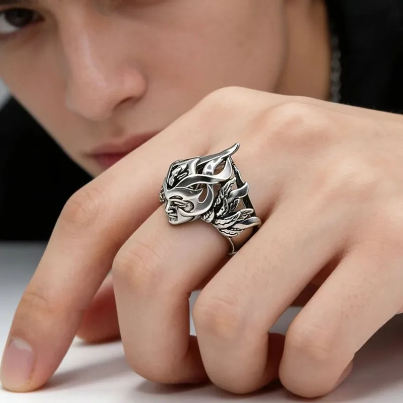 Unisex Vintage Human Face Open Ring, Dark Antique Finish Craft, Trendy Statement Index Finger Ring for Men Women