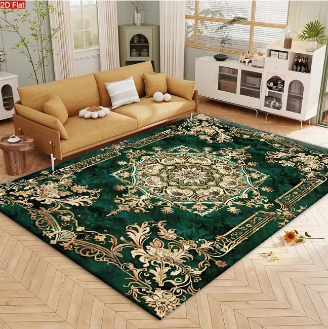 Green Gold Vintage Luxury Medallion Area Rug European Style Living Room Floor Carpet Decor