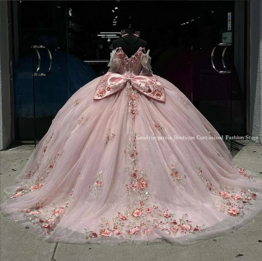 Изысканные платья розовой принцессы Quinceanera Fairy с открытыми плечами, 3D цветочная аппликация, бант, платья-пачки, платья de 15, quinceañera 7,5 на заказ