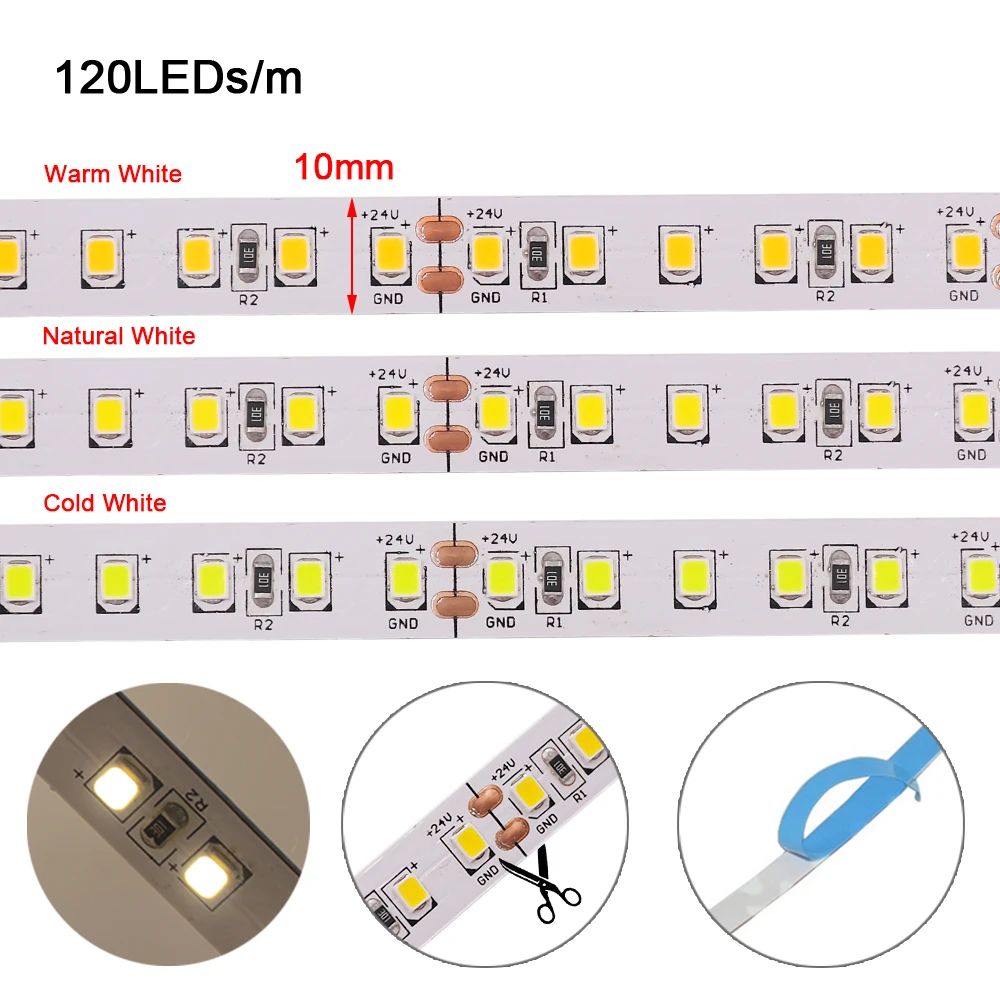12V 24V 2835 LED Strip 5m 10m 15m 20m Tape Light Ribbon Flexible String 120/240/480 LED Cold Warm Natural White Home Decor