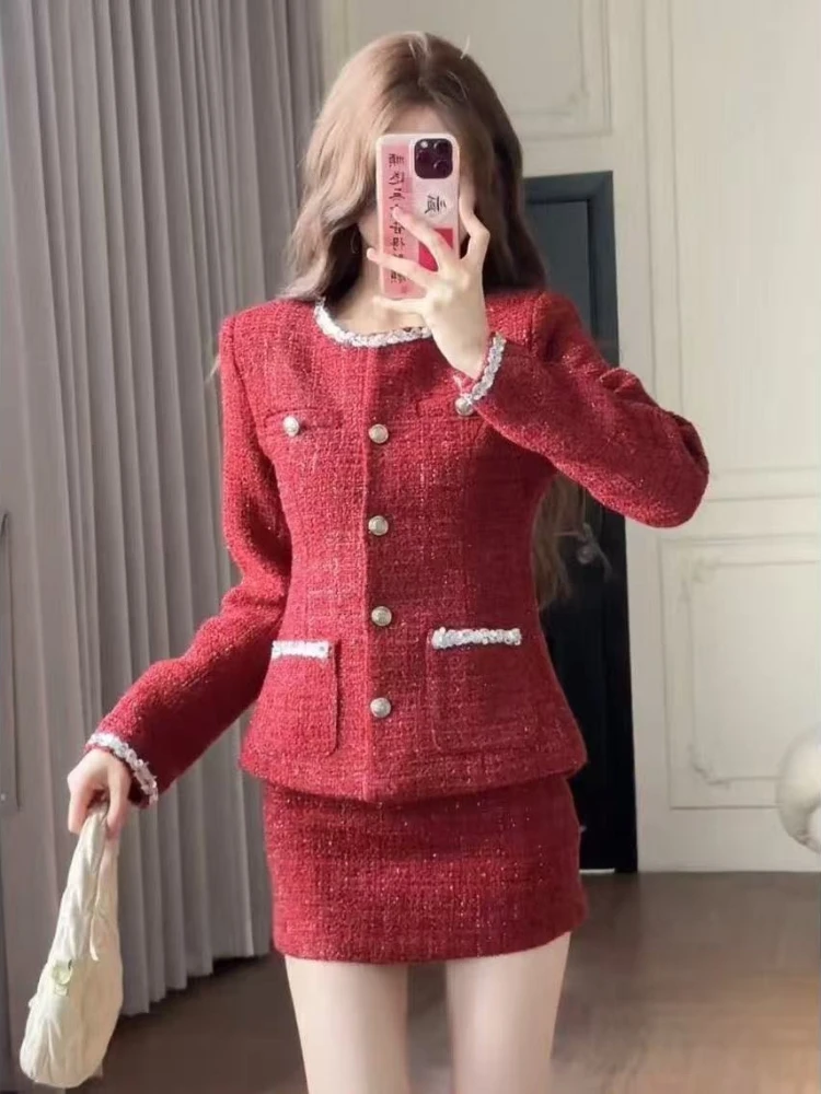 Ano novo elegante festa de duas peças conjunto feminino vermelho tweed terno blazer + mini saia terno botões rendas chique moda conjunto eventos 2025 novo