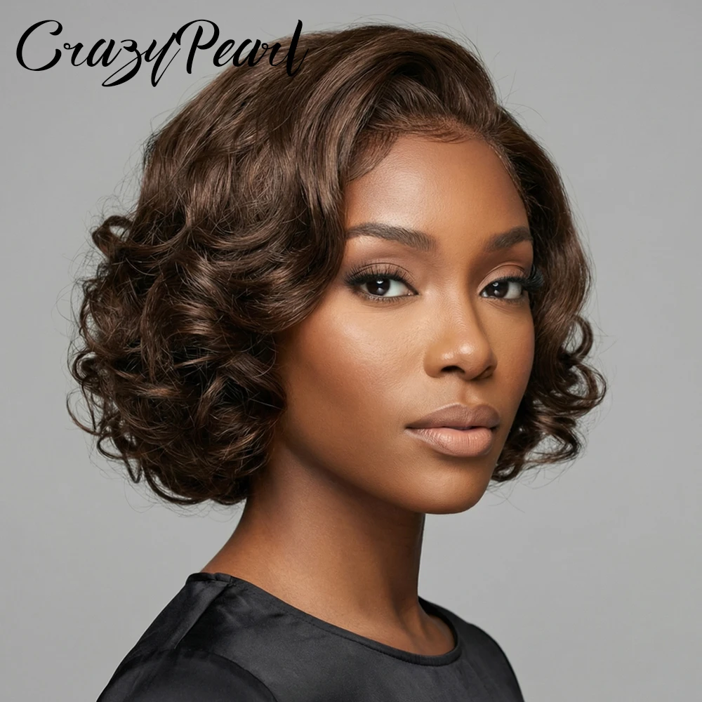 

4X4 Lace Closure Wig Human Hair Short Bob Curly Chocolate Brown Pre Plucked Natural Hairline Vintage Wave Style Ready to Wear