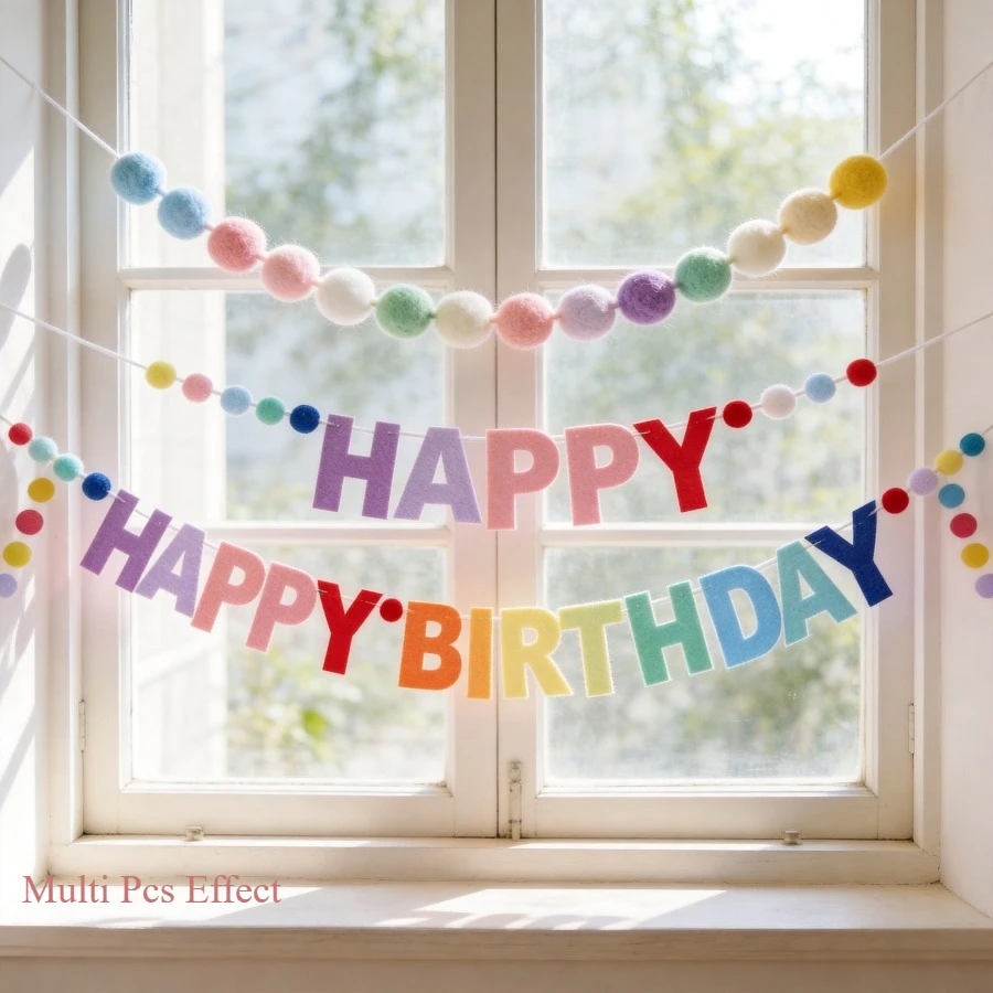 2Pcs 2.5-Meter Colorful Happy Birthday Banner Felt Pastel balls Banner Set for Birthday Party Home Decoration And Photo Props