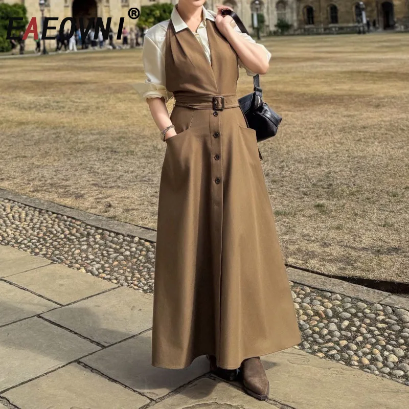 

EAEOVNI Темпераментный женский комплект из 2 предметов, абрикосовая рубашка с длинными рукавами + пояс без рукавов с v-образным вырезом, длинные платья, новая модная одежда