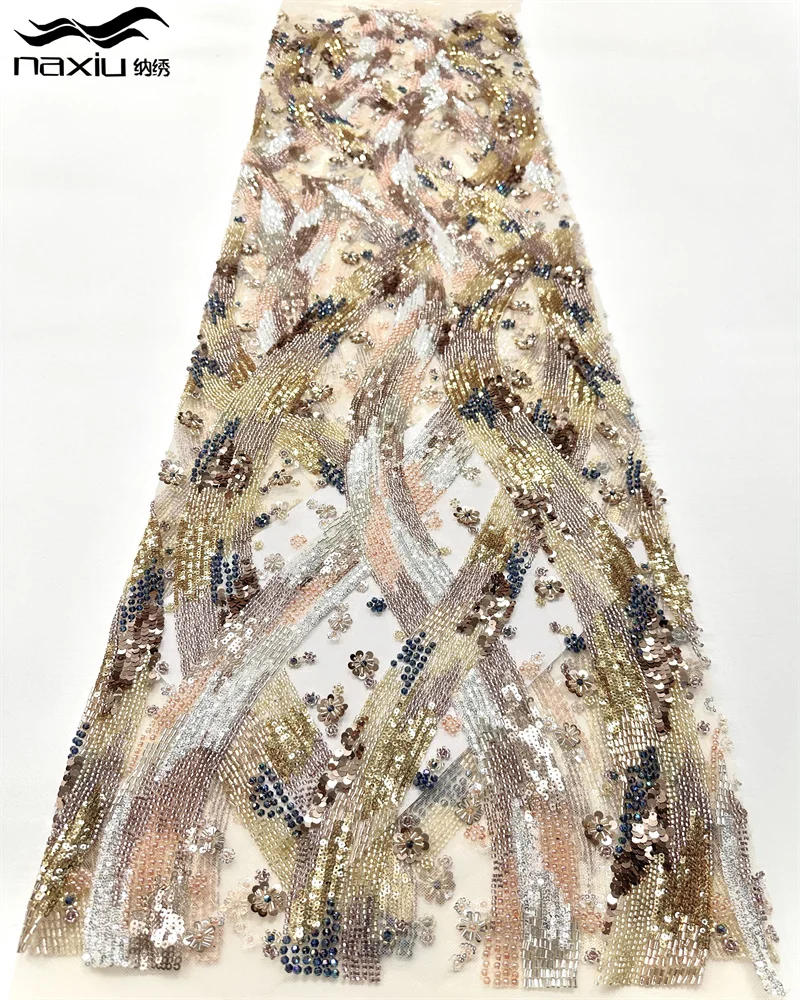 

Madison Luxury Gold Elegant French Handmade Beaded Lace Fabric Luxury Nigerian African Sequin Lace Fabric For Evening Dress