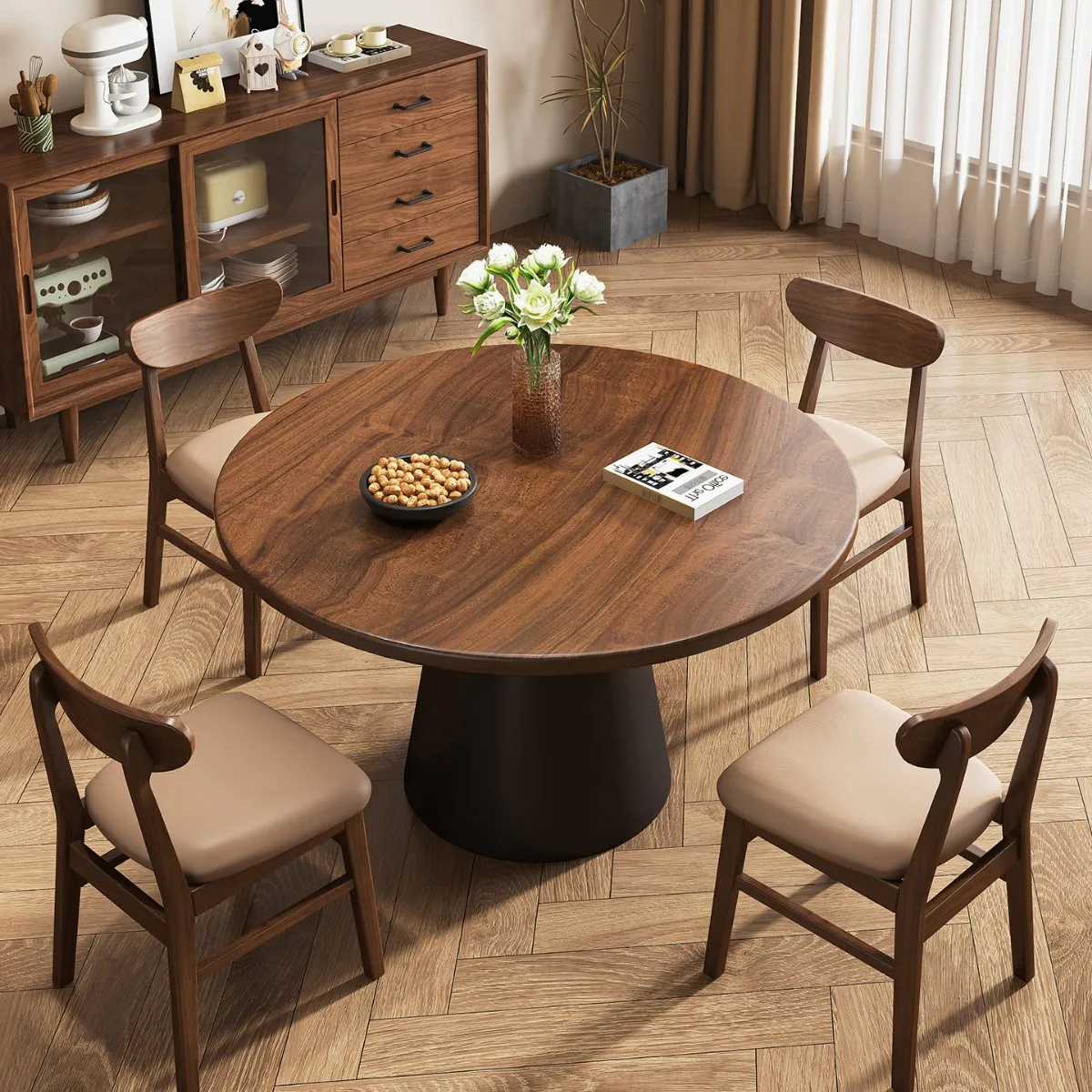 Round solid wood round table dining table retro household walnut color parquet minimalist small apartment dining table