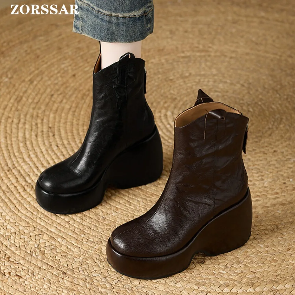 

Fashion 2025 Autumn/Winter New Retro Style Platform Wedge Ankle Boots for Women Zipper High Heels Bootie Hick Soled Women's Shoe