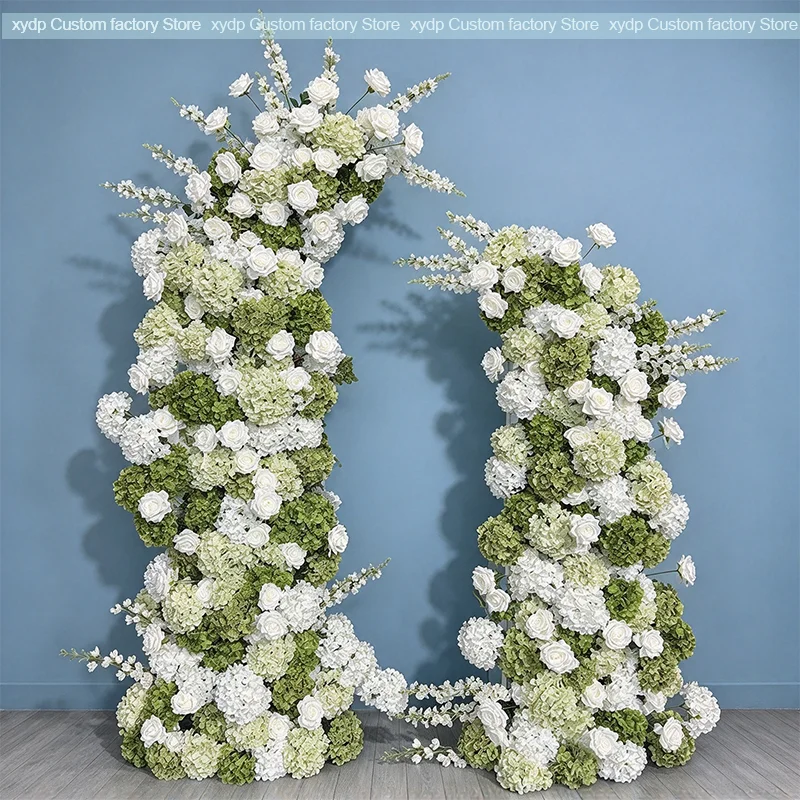 5D Grüne und weiße Hortensien-Hochzeitskulisse, Ochsenhorn-Bogen, Blumenläufer, Rosen-Blumenreihe, Arrangement, Event-Party-Requisiten, Dekorationsausstellung – Detail 2