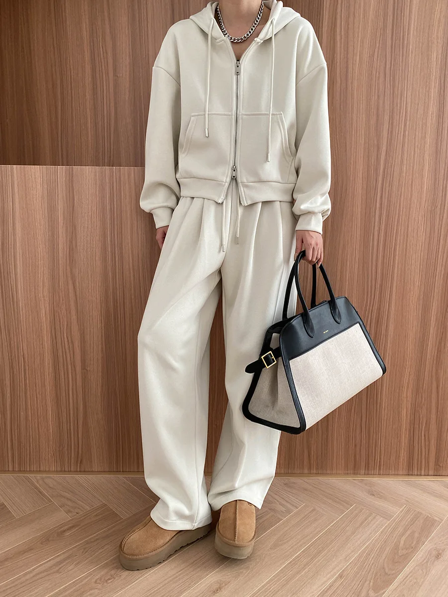 Relaxed Double Zipper Hooded Sweatshirt Wide Leg Casual Pants Sports Two Piece Set