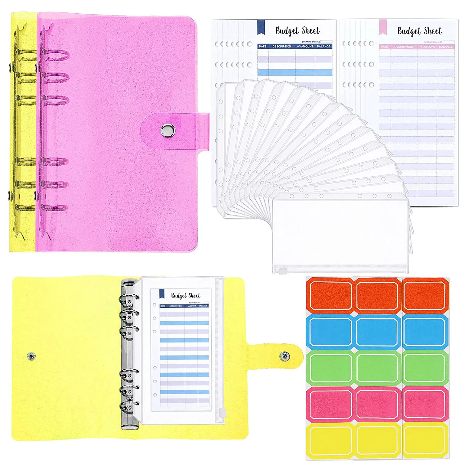 28 Pieces A6 PVC Binder Notebook Cover Planner Organizer with Cash Envelopes ,Expense Budget Sheets ,Color Sticker for Saving