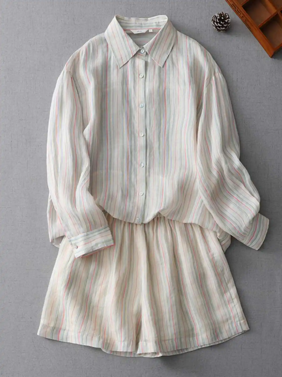 

Летний комплект рубашек в полоску, женские однобортные рубашки с длинными рукавами, шорты с эластичной резинкой на талии, комплекты из двух предметов, повседневный свободный женский костюм