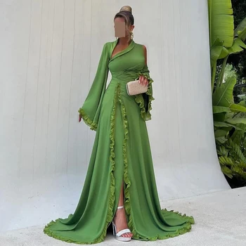 מותאם אישית ruffles אלגנטי שמלה אחת שמלות ערב ג 'רזי שרוולים ארוכים רשמיים מטאטא רכבת הלטר שמלה אסימטרי