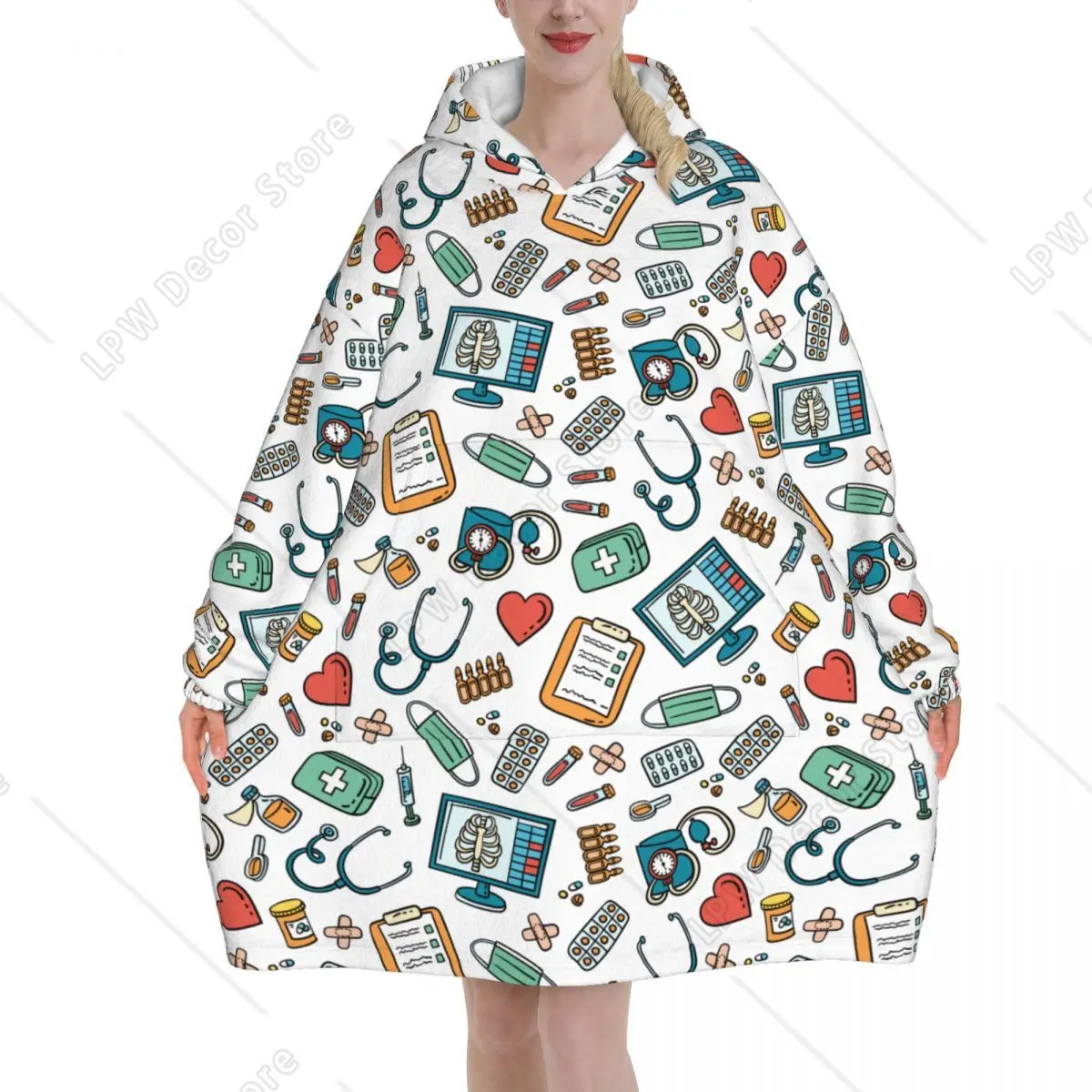 

Doctor Medicine Theme Symbols Blanket Hoodie Wearable Nurse Tools Blanket Oversize with Pocket Warm Sleeping Bag Cozy Onesie