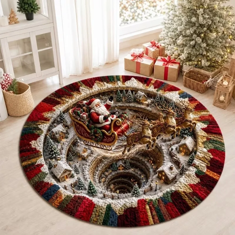 2D Flat Printed Christmas Rug Santa Claus Velvet 3D Illusion Rug Floor Mat Non-Slip Round Vortex Carpet Christmas