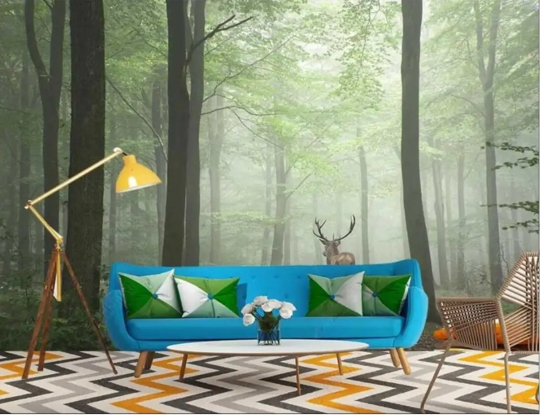 Relief wallpaper natural foggy forest Sika deer murals bedroom living room sofa TV background wall forest 3D wallpaper Decorativ