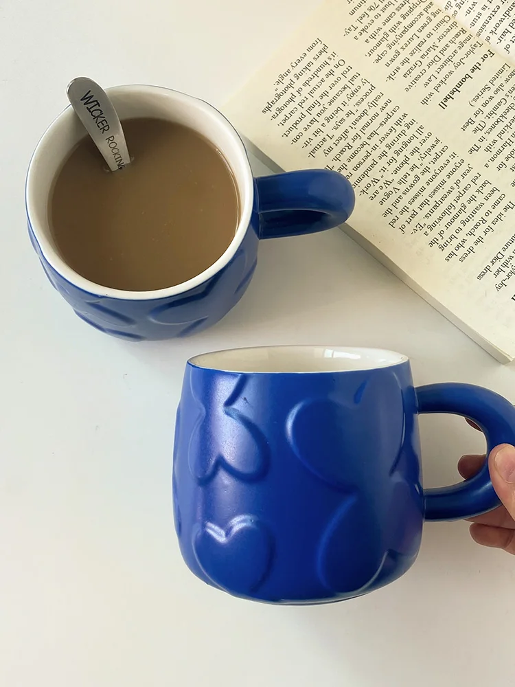 500ml Blue Heart Pattern Mug Large Capacity Ceramic Water Cup Milk Cup Premium Coffee Cup Home Use Simple Style Mug